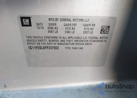 2015 Chevrolet Malibu 1Lz из США, поврежденный, VIN 1G11F5SL8FF207662